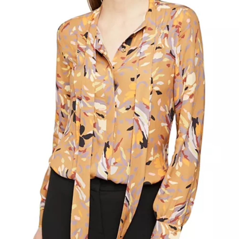 Reiss Elisa Tie Neck Blouse Size 2 in tan abstract colorful print